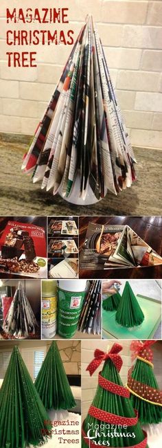 christmas tree made out of newspapers and paper with the words magazine christmas tree written on it