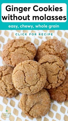 ginger cookies with molasses are stacked on top of each other and the title reads,