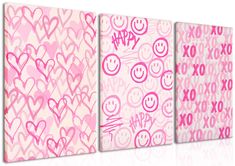 three pink canvases with hearts and smiley faces on them, each painted in different colors