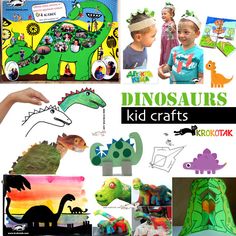 there is a collage of dinosaurs and kids crafts