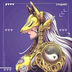 an illustration of a yellow and purple dragon with long white hair wearing a gold helmet