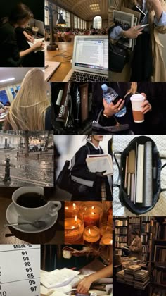 a collage of photos with coffee, books, and people working on laptops