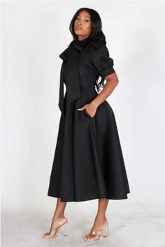 Short Bubble Puff Sleeve Flare Midi Dress with Neck Bow – Laguerdashop.com 1 Piece Dress, Ribbon Collar, Line Dresses, Neck Bow, Scuba Dress, Bow Ribbon, A Line Dresses, Style Upgrade, Tailored Dress