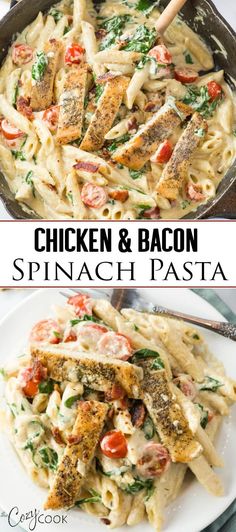 chicken and bacon spinach pasta in a skillet