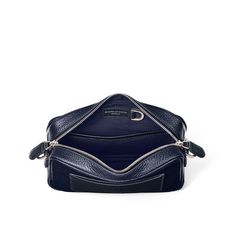 Reporter East-West Navy Leather Messenger Bag | Aspinal Everyday Luxury Epsom Leather Satchel Shoulder Bag, Travel Satchel With Epsom Leather And Leather Lining, Epsom Leather Travel Satchel, Rectangular Epsom Leather Travel Satchel, Travel Bags In Epsom Leather With Detachable Strap, Everyday Luxury Epsom Leather Textured Bags, Everyday Luxury Epsom Leather Shoulder Bag With Detachable Strap, Classic Epsom Leather Shoulder Bag For Travel, Classic Epsom Leather Travel Bag