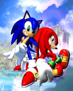 two sonic and tails riding on top of each other in front of a blue sky