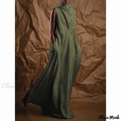 Olivia Mark - Sleeveless Ruffled Collar Flowy Floor-Length Dress Linen Dresses Elegant, Basic Turtleneck, Sukienki Plus Size, Dress Sleeve Styles, Flowy Maxi Dress, Long Dress Casual, Dresses Elegant, Maxi Dress Green, Plus Size Maxi Dresses