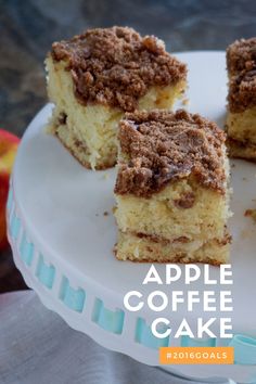 three pieces of coffee cake on a plate with the words apple coffee cake below it