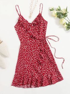 Burgundy Boho  Sleeveless Polyester Heart,All Over Print Cami Embellished Non-Stretch Summer Women Dresses Shein Dress, Short Wedding Dress, Elegant Wedding Dress, Dress For Short Women, Cami Dress, Heart Print, Dress P, Elegant Dresses, Short Outfits