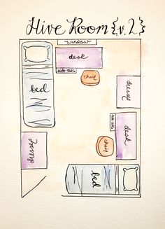 a drawing of a bathroom with the name hive room's written in cursive writing