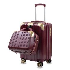 Indulge in opulent travel with The Melrose S from American Green Travel, offering a refined spinner carry-on and a chic vanity case. Drawing inspiration from vintage aesthetics, the durable polycarbonate hard shell showcases metallic corner protectors, coordinating handles, wheels, and hardware for enduring style. Unlock security with the TSA lock and anti-theft zippers on the carry-on, complemented by a retractable carry strap for added ease. Revel in expansive inner compartments, featuring zip Elegant Rectangular Luggage For Weekend Trips, Elegant Luggage With Sleeve For Trip, Elegant Travel Accessories With Luggage Sleeve, Gold Luggage With Sleeve For Travel, Case Drawing, Chic Vanity, Travel Security, Hardside Spinner Luggage, Smart Organization