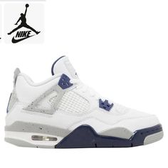 Offered In Big Kid Sizing, The Air Jordan 4 Retro Gs ‘Midnight Navy’ Features The Heritage Details That Allowed The Original 1989 Design To Soar. The Legacy Silhouette Dons A White Tumbled Leather Upper, Accented With Molded Navy Eyelets And A Jumpman-Branded Heel Tab In A Speckled Grey Finish. Matching Grey Wings Provide Structural Support, While Quarter Panel Netting Delivers Improved Breathability. Atop The Tongue, A Woven Jumpman Tag Is Captioned With A Flight Logo In Fire Red. Lightweight C Air Jordan 4 High-top With Speckled Midsole For Sports, Air Jordan 4 Low-top With Speckled Midsole For Sports, Air Jordan 4 With Speckled Midsole For Sports, Nike Air Jordan 4 With Cushioned Footbed, Casual Nike Air Jordan 4 For Sports, Air Jordan 4 High-top With Speckled Midsole, Air Jordan 4 High-top Sporty Sneakers With Speckled Midsole, Sporty Air Jordan 4 High-top With Speckled Midsole, Blue Low-top Air Jordan 4 Breathable