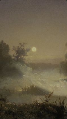 an oil painting of a river with trees and fog in the background at night time