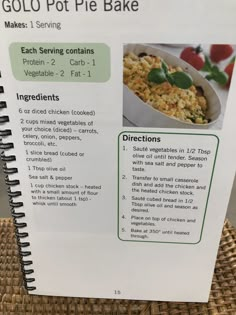 a recipe book with instructions on how to make an egg pot pie bake in it