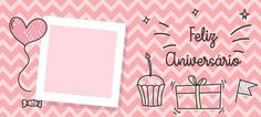 a pink and white background with an image of a cupcake, heart shaped balloon, gift