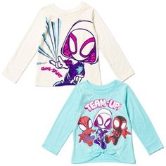 Come join Ghost-Spider, Spiderman, and Miles Morales on their exciting superhero adventures! Dressed in this Spidey and His Amazing Friends Long Sleeve T-Shirt your kid will team up with the awesome Spider-Verse superheroes to save the day. Your little hero will love to wear this long sleeve graphic tee shirt featuring their favorite comic book character from the Marvel Spider-Man universe. Superhero Long Sleeve Tops With Character Print, Spiderman And Miles Morales, Miles Morales Spider Man, Spidey And His Amazing Friends, Ghost Spider, T Shirts White, Amazing Friends, Soft Clothes, Miles Morales