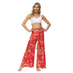 Red Digital Print Tie Waist Beachwear Wide Leg Pants Flowy Summer Pants, Womens Wide Leg Pants, Belted Pants, Flare Trousers, Summer Patterns, Comfy Fashion, Floral Pants, Bottoms Pants, Fashion Pants