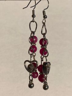 Hand-beaded earrings made with up-cycled beads. Trendy Handmade Dangle Heart Earrings, Trendy Dangle Earrings With Heart Beads, Earrings Pink, Purple Heart, Heart Love, May 1, Accessories Unique, Beaded Earrings, Pink Purple