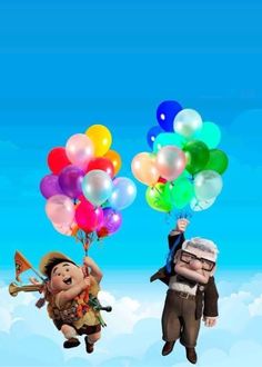 two cartoon characters flying in the air with balloons