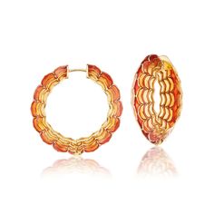 ARK 18 karat yellow gold hoops in orange , Orange ombré plique-à-jour resin | follow for more Orange Aura, The Color Orange, Gold Jewelry Outfits, Feeling Inspired, Orange Ombre, Jewelry Outfit, Gold Enamel, Feel Inspired, Gold Hoops