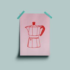 a red coffee pot drawn on top of a pink piece of paper