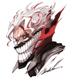 a drawing of an evil clown with glasses on his face and hair in the wind