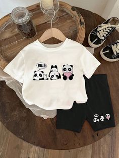 Baby Girls' Casual Daily Wear Home Outfit, Comfortable And Cute Printed Set, Suitable For Spring And Summer Outings, Adorable Panda Print With Hearts On T-Shirt And Shorts 2pcs/Set Black and White     Animal,Cartoon,Letter  Slight Stretch Spring/Summer Baby Girls Clothing, size features are:Bust: ,Length: ,Sleeve Length: Panda Bebe, Outfit Comfortable, Panda Print, Pink Baby Girl, Animal Cartoon, Long Sleeve Tops Casual, Home Outfit, T Shirt And Shorts, Summer Baby