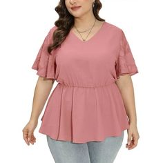 Material: This babydoll top is crafted from high-quality, non-see-through fabric, ensuring both comfort and modesty. This plus loose fit top's premium material offers durability and breathability, making it perfect for all-day wear. Stylish Design: With its lace panel bell sleeves, flattering V-neckline, and cinched waist with a peplum flared hem, this plus-size top boasts a stylish and elegant design that accentuates curves and adds a touch of sophistication to any ensemble. Occasion: Perfect f Peplum Top Pattern, Chiffon Tunic Top, Bell Sleeve Tops, Womens Peplum Tops, Casual Blouses, Chiffon Tunic, Peplum Tops, Flare Top, Summer Lace