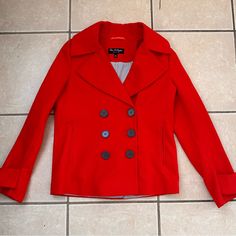 Nwot New, Red Coat. Never Worn. Size 4 In Great Condition! Red Pea Coat With Button Closure For Work, Casual Red Double-breasted Pea Coat, Classic Red Double-breasted Pea Coat, Red Long-sleeved Wool Coat For Winter, Red Double-breasted Pea Coat With Button Closure, Red Wool Single-breasted Outerwear, Red Double-breasted Wool Outerwear, Pea Coats, Red Coat