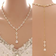 two pictures of the back of a woman's wedding dress, one with a necklace on it