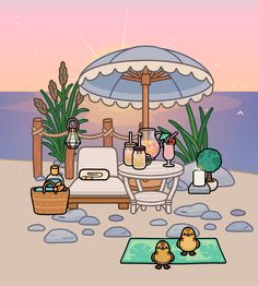 a cartoon beach scene with an umbrella, table and two little birds sitting on the sand