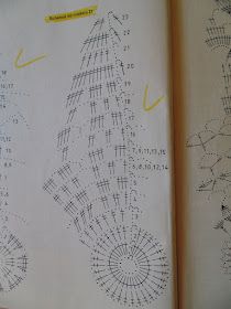 an open book with drawings on it and numbers written in yellow marker pens, which appear to be crochet