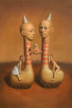 an oil painting of two human heads riding on top of each other