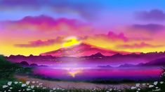 a painting of a mountain in the distance with clouds and flowers around it at sunset