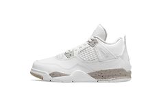 The Jordan 4 PS “White Oreo” is the preschool edition of the two-in-one colorway of Michael Jordan’s fourth signature shoe that combines the “Oreo” and “White/Cement” styles into one design. A Summer 2021 release by Jordan Brand, the “White Oreo” is a predominantly monochromatic white iteration of the classic Air Jordan 4 that incorporates style elements of the two previously mentioned colorways into one look. Like the “White/Cement,” the “White Oreo” features a white tumbled leather constructio Oreo Shoes, Jordan Shoes Retro, White Cement, Shoes Retro, Jordan 4 Retro, Air Jordan 4 Retro, Air Jordan 4, Stadium Goods, Michael Jordan