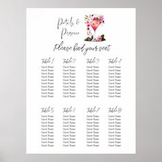 a table plan with pink flowers on it