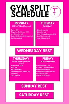 a pink and white poster with the words gym split schedule on it's side