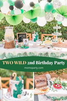 two wild and birthday party with green paper fan garlands, white table cloths, jungle theme