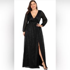 Brand New With Tag 100% Polyester Hand Wash, Line Dry, Do Not Bleach, Low Iron, Do Not Dry Clean Zipper Side Slit Plus Size Gowns Formal, Party Dresses With Sleeves, Plus Size Formal, Ever Pretty, Affordable Dresses, Black Gown, Evening Party Dress, Evening Attire, Guest Dresses