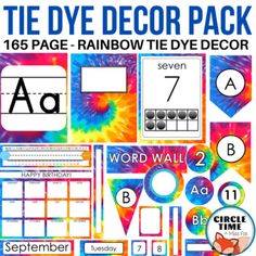 the tie dye decor pack includes rainbow and blue colors, including numbers, letters, and shapes