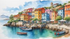 watercolor painting of boats in the harbor with colorful buildings on the hill behind them