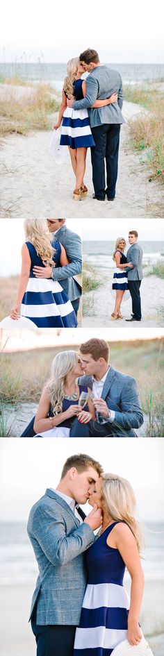 a couple kissing on the beach in front of some sand dunes and ocean grass with their arms around each other