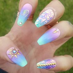 One of my favourite nail art trends is ombre colour and the colours used in this set are gorgeous. Rave Nails, Minion Nails, Unghie Nail Art, Colorful Nail Art, Colorful Nail, Unicorn Nails, Manicure Gel, Festival Nails, Acrylic Nail Art