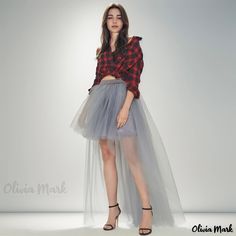 Olivia Mark - Seductive Irregular Mesh Skirt with Tail Hemline - Solid Color Sheer Skirt, High-low Design, and Fluffy Hem Gray Asymmetrical Skirt For Spring, Spring Gray Asymmetrical Skirt, Fluffy Skirt, Organza Skirt, Sheer Skirt, Mesh Skirt, Home Dress, Peplum Hem, Sheer Dress