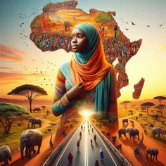 a woman standing in the middle of a road surrounded by elephants and birds, with an african map behind her