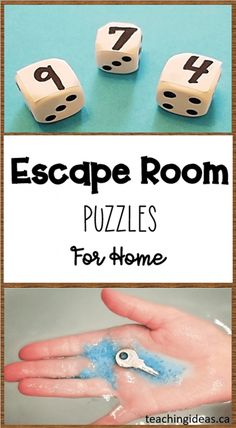 the escape room puzzles for home is shown with four dices and one hand