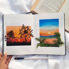 an open book with two pictures on it and a pen in front of the pages