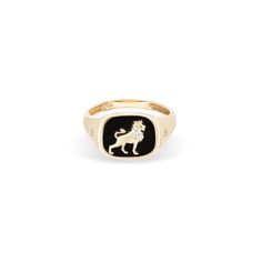 Ceramic + Diamond Leo Signet Ring - Adina Reyter Luxury Yellow Gold Signet Ring With Black Enamel, Zodiac Ceramic, Leo Symbol, Stacked Diamond Bands, Zodiac Rings, Zodiac Collection, Diamond Ring Settings, Domed Ring