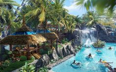 people are swimming in the water at an outdoor pool with waterfall and tiki huts