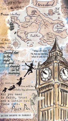 a drawing of a clock tower with words written all over it and people flying around